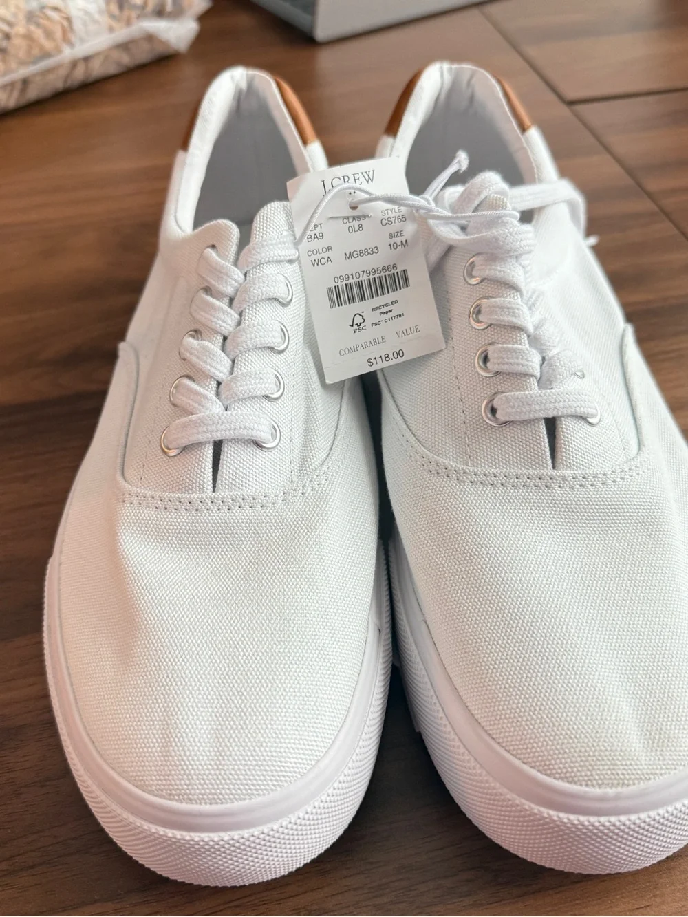 J.Crew White Canvas Men’s Sneakers with Tan Heel Accent size 10 brand new